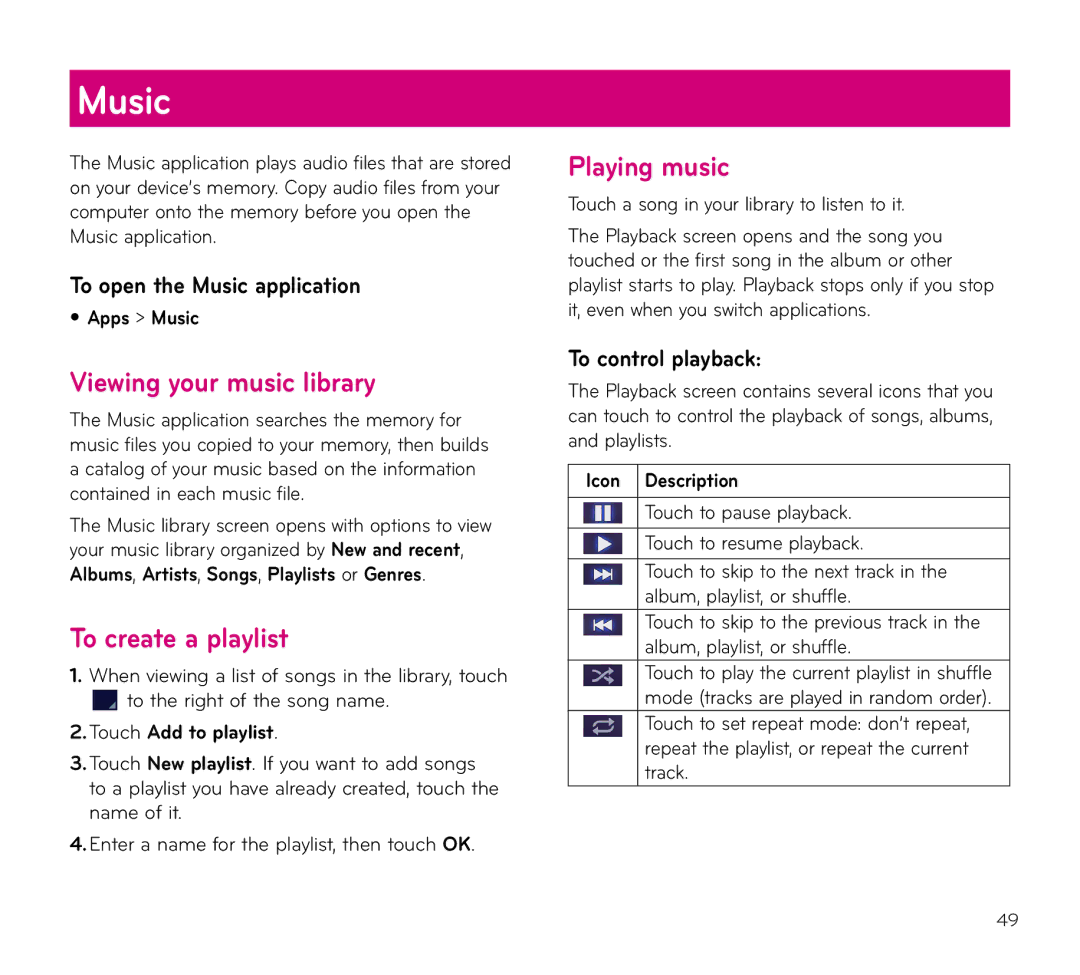 LG Electronics V909 manual Music, Viewing your music library, To create a playlist, Playing music 