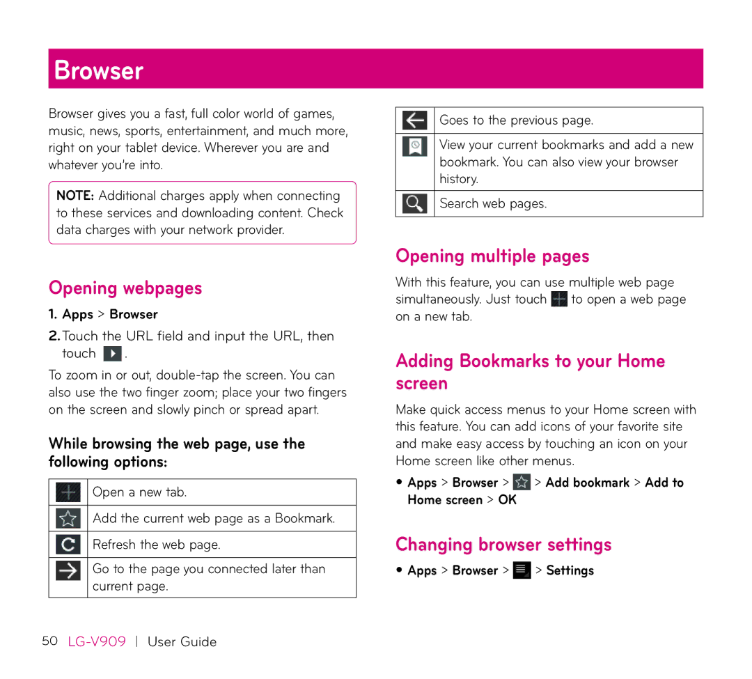 LG Electronics V909 manual Browser, Opening webpages, Opening multiple pages, Adding Bookmarks to your Home screen 