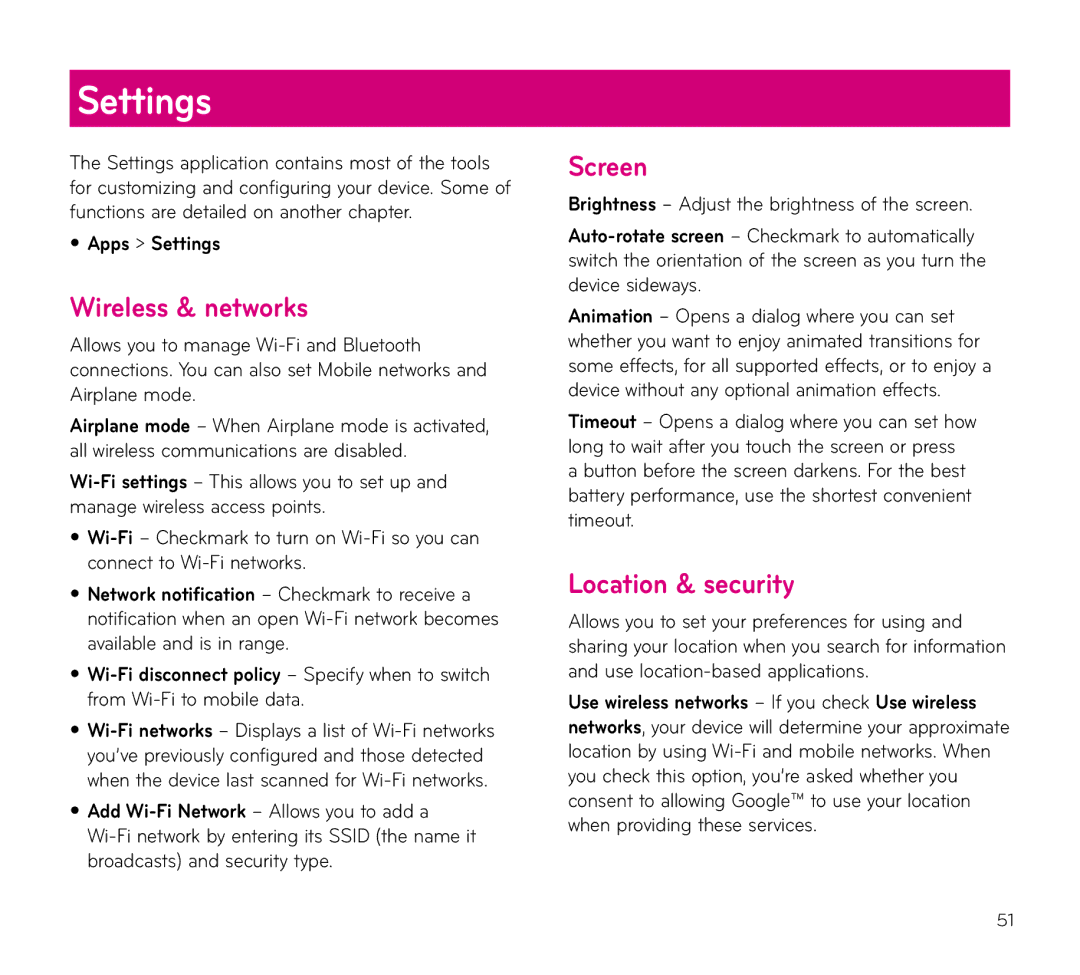 LG Electronics V909 manual Wireless & networks, Screen, Location & security, Apps Settings 