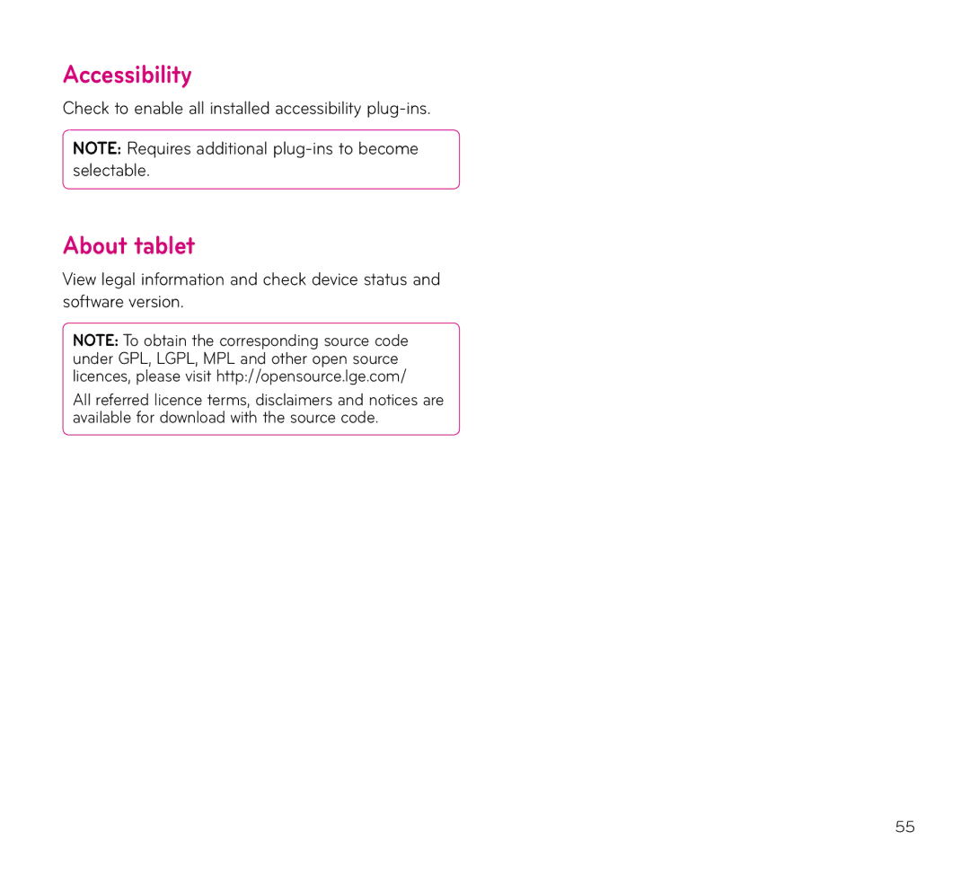 LG Electronics V909 manual Accessibility, About tablet, Check to enable all installed accessibility plug-ins 