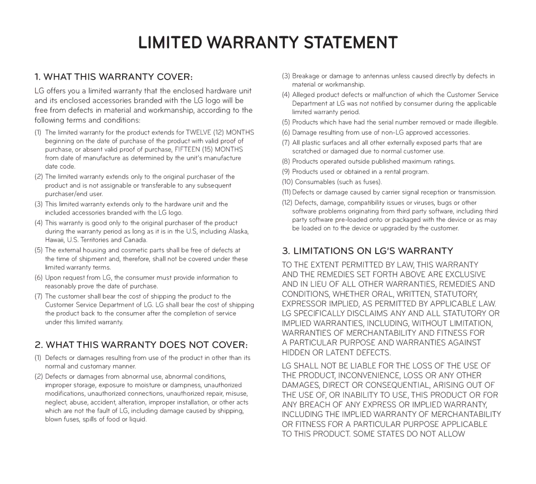 LG Electronics V909 manual Limited Warranty Statement 