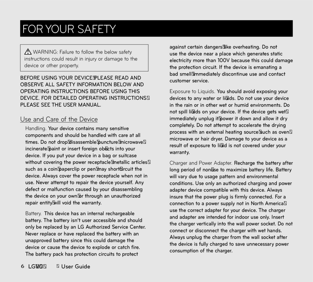 LG Electronics V909 manual For Your Safety, Use and Care of the Device 