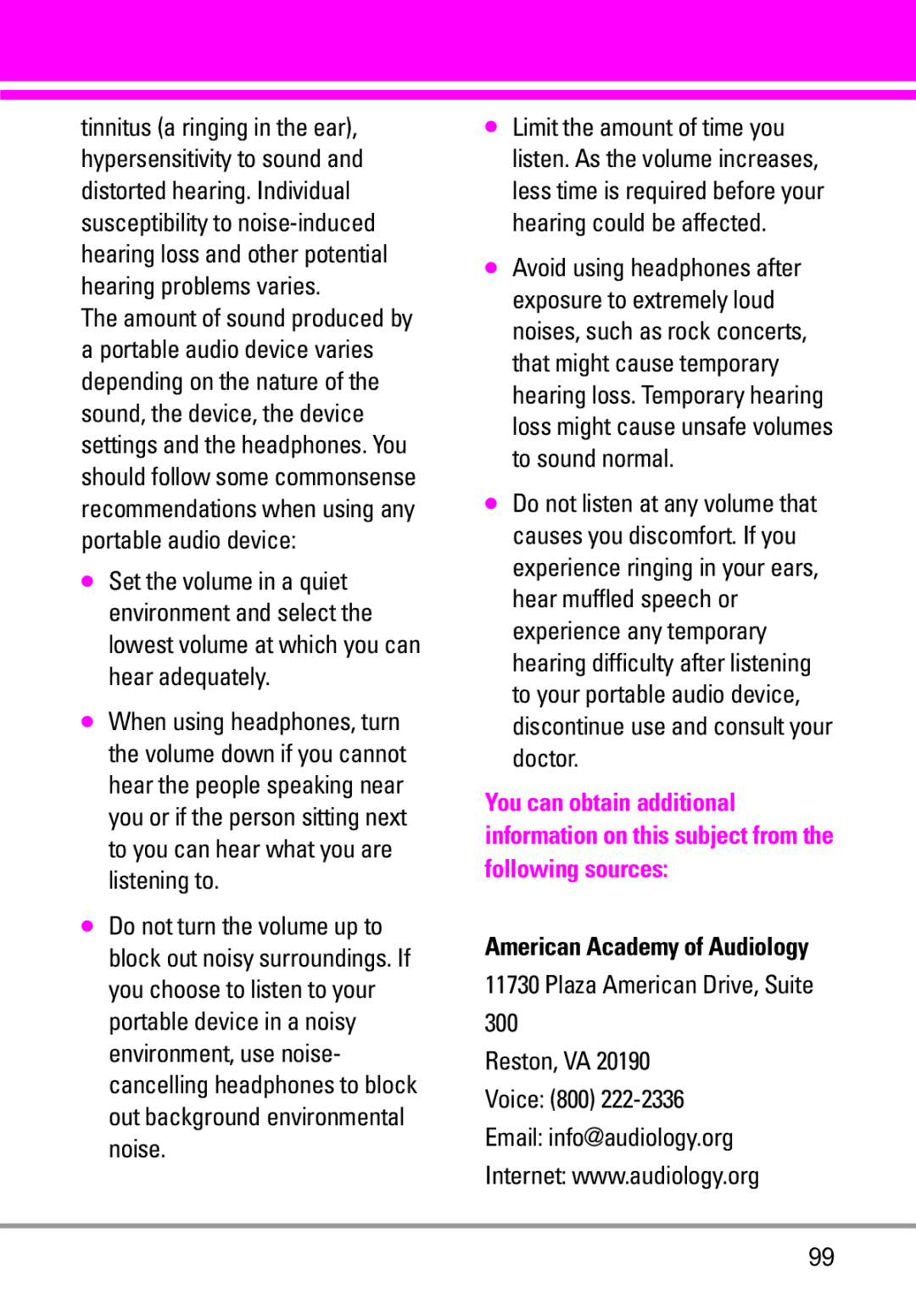 LG Electronics VENUS manual American Academy of Audiology 