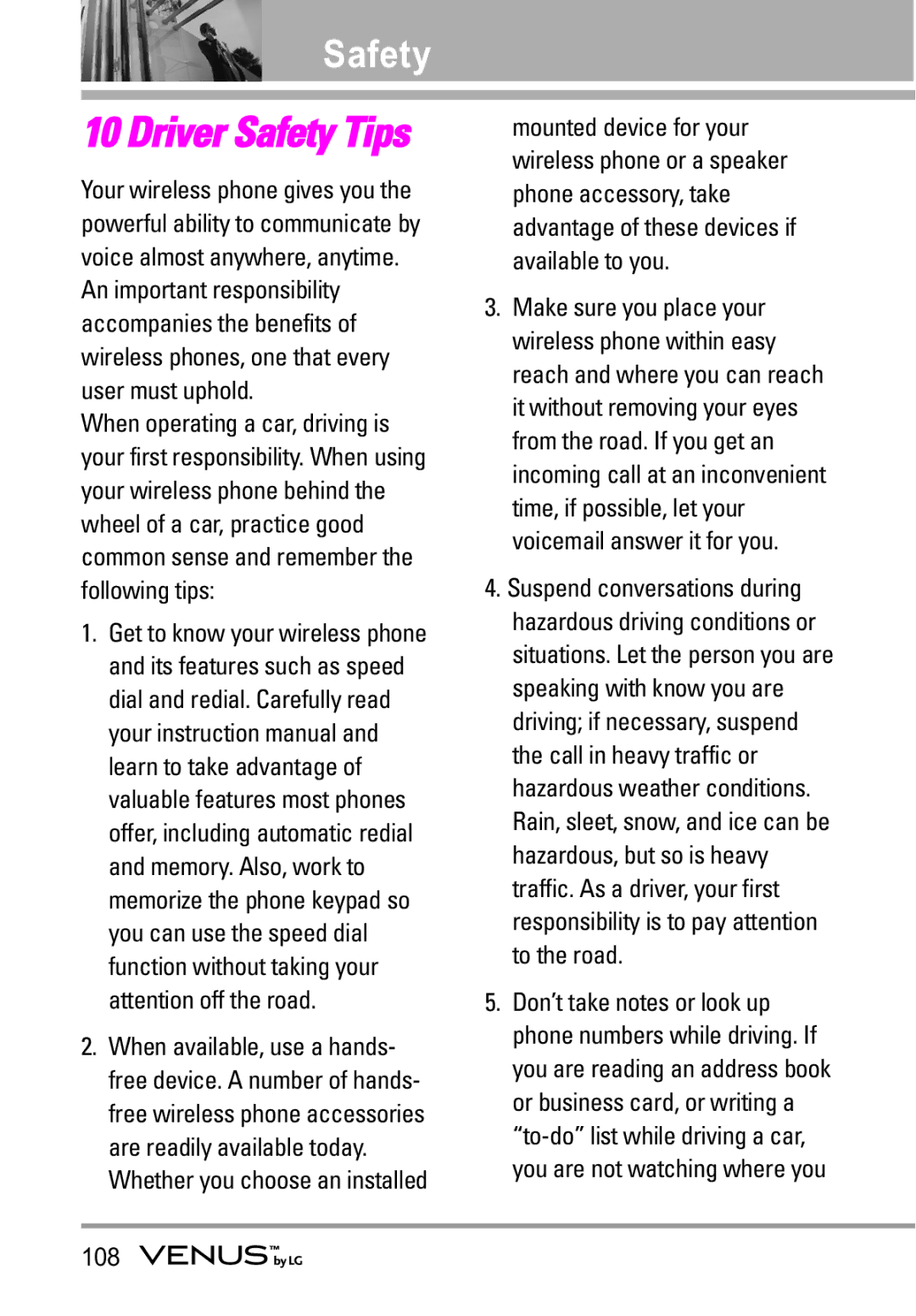 LG Electronics VENUS manual Driver Safety Tips, 108 