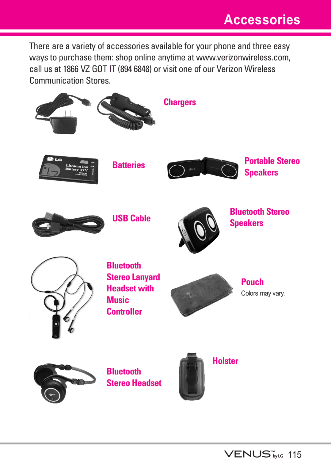 LG Electronics VENUS manual Accessories, 115 