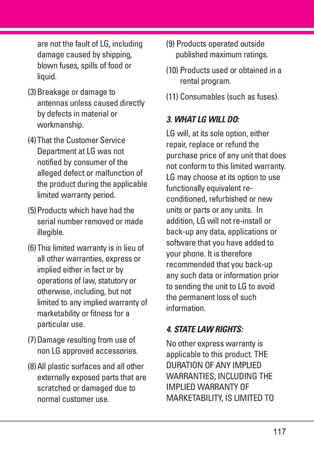 LG Electronics VENUS manual What LG will do, 117 