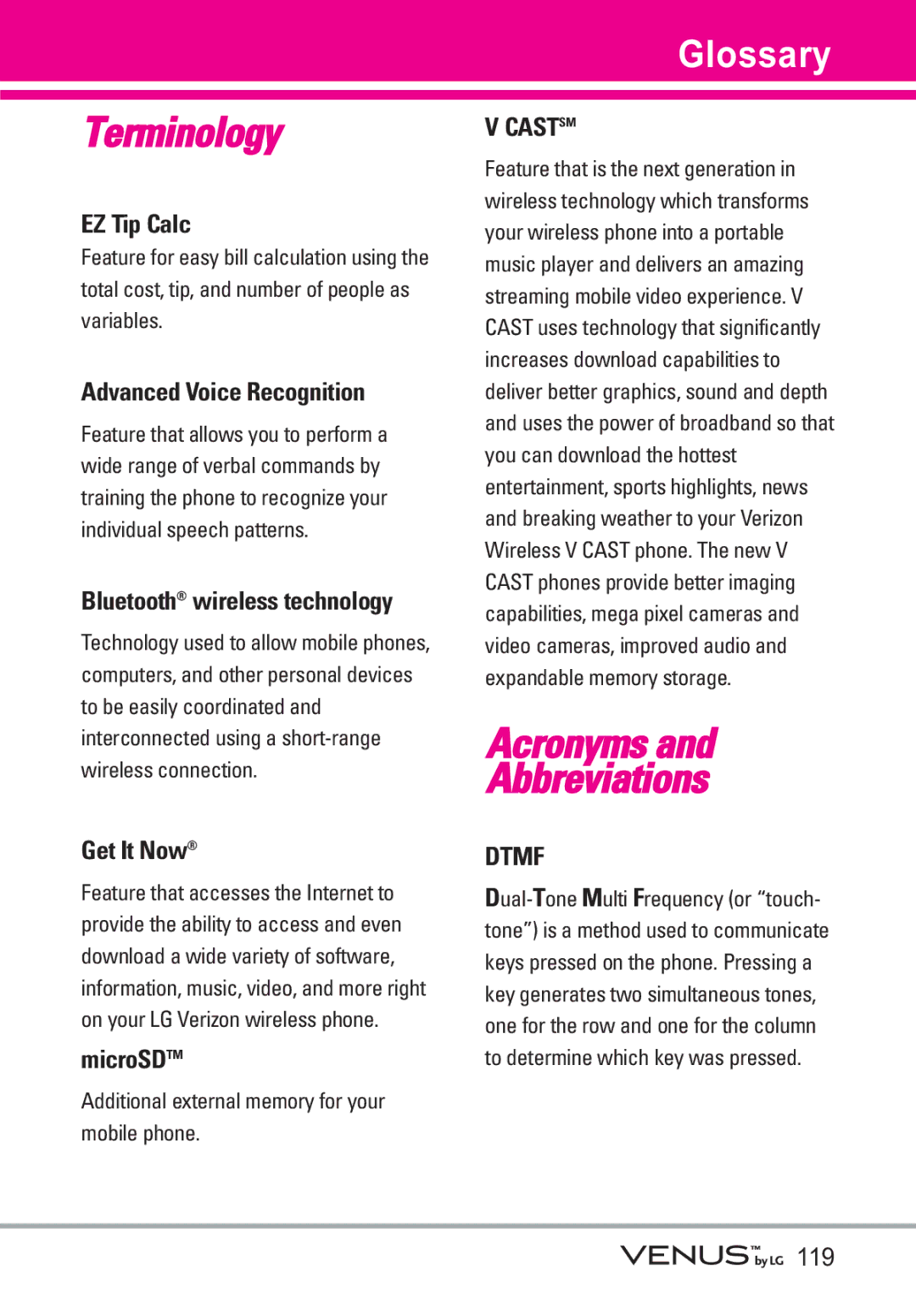 LG Electronics VENUS manual Glossary, EZ Tip Calc, Advanced Voice Recognition, Get It Now, MicroSDTM 