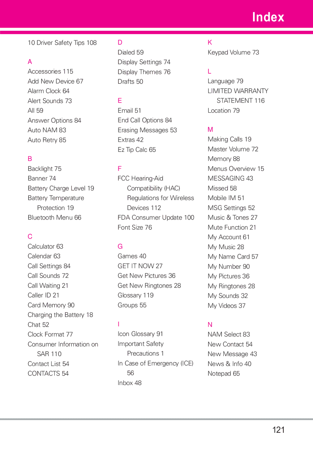 LG Electronics VENUS manual Index, 121 