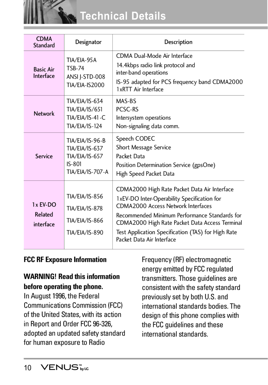 LG Electronics VENUS manual FCC RF Exposure Information, TIA/EIA-95A 