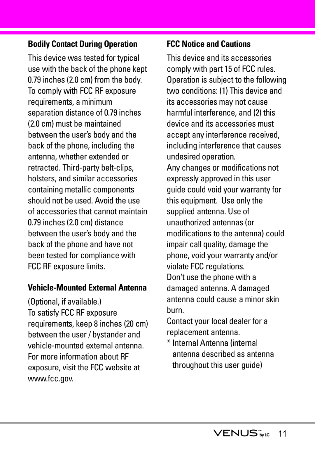 LG Electronics VENUS manual Optional, if available, FCC Notice and Cautions 