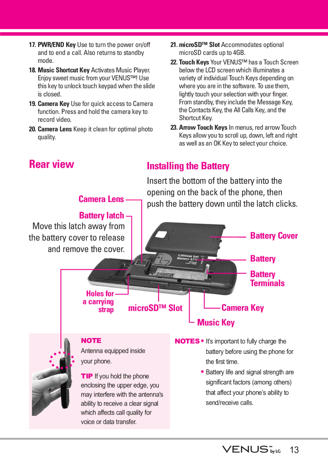 LG Electronics VENUS manual Rear view, MicroSD Slot Accommodates optional microSD cards up to 4GB 