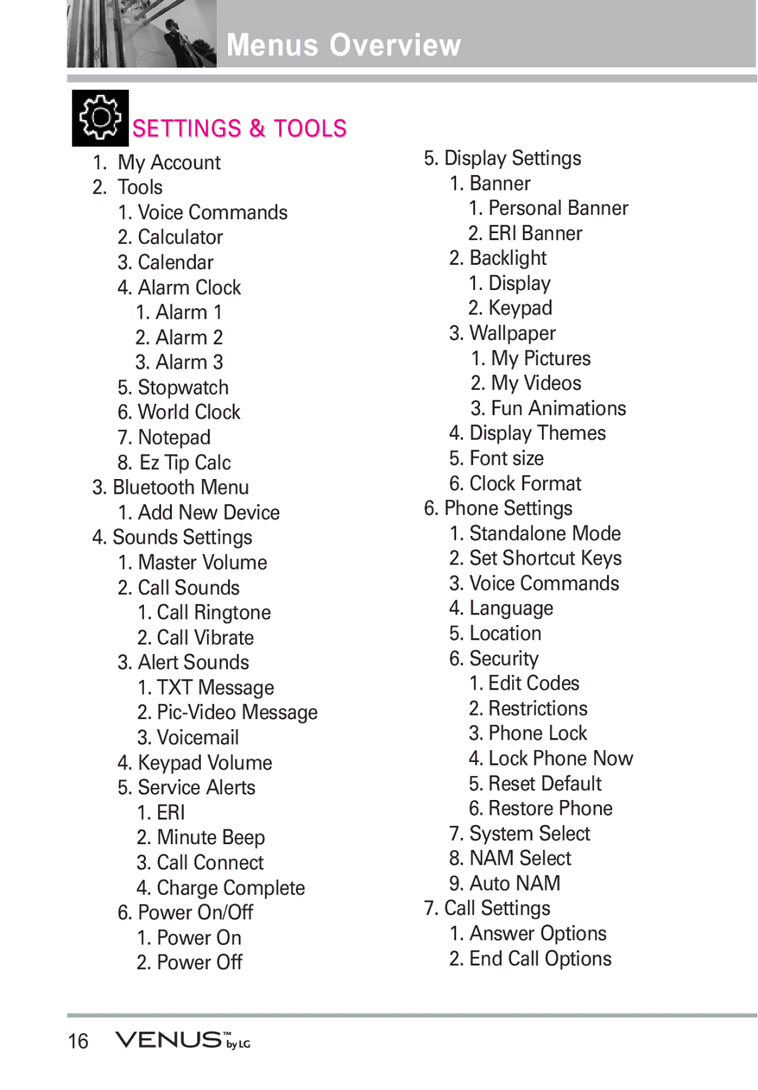 LG Electronics VENUS manual Settings & Tools 