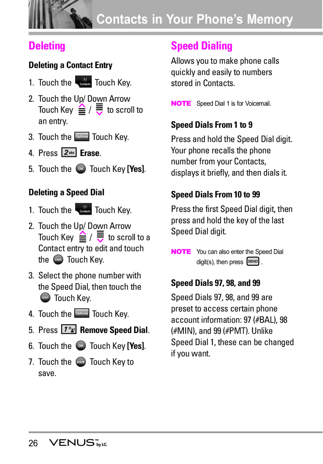 LG Electronics VENUS manual Deleting, Speed Dialing 