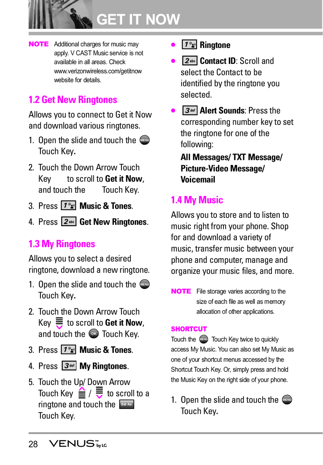 LG Electronics VENUS manual Get New Ringtones, My Music, Press Music & Tones Press My Ringtones 