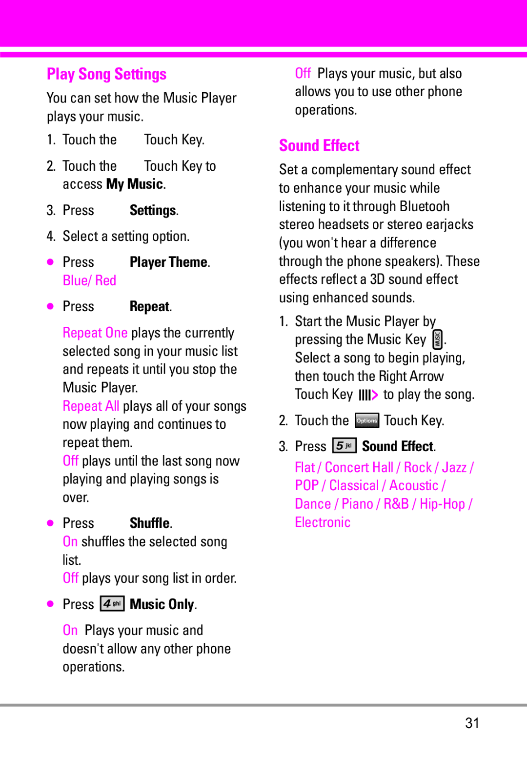 LG Electronics VENUS manual Play Song Settings, Sound Effect 