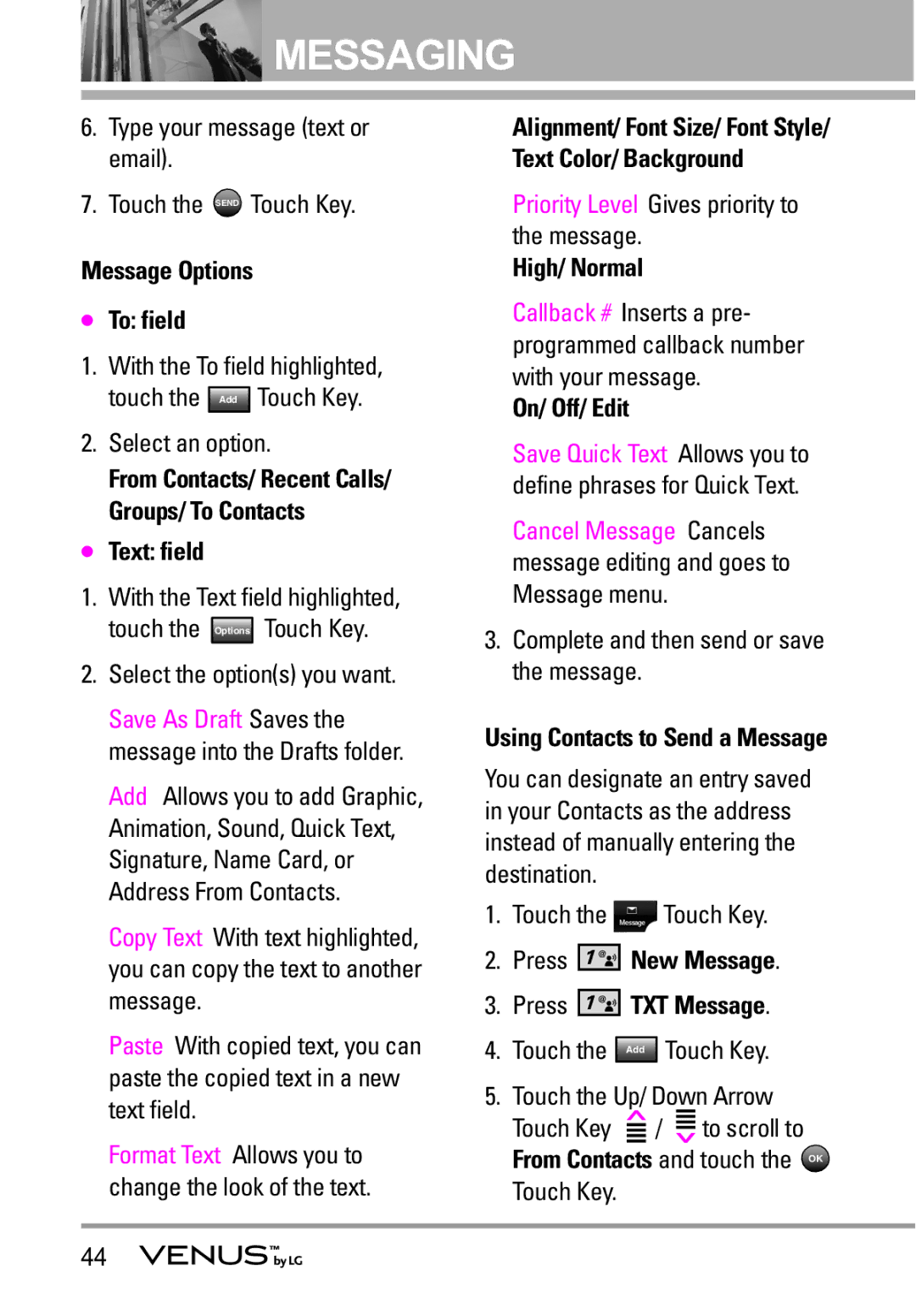 LG Electronics VENUS manual Message Options To field, Text field, High/ Normal, On/ Off/ Edit 