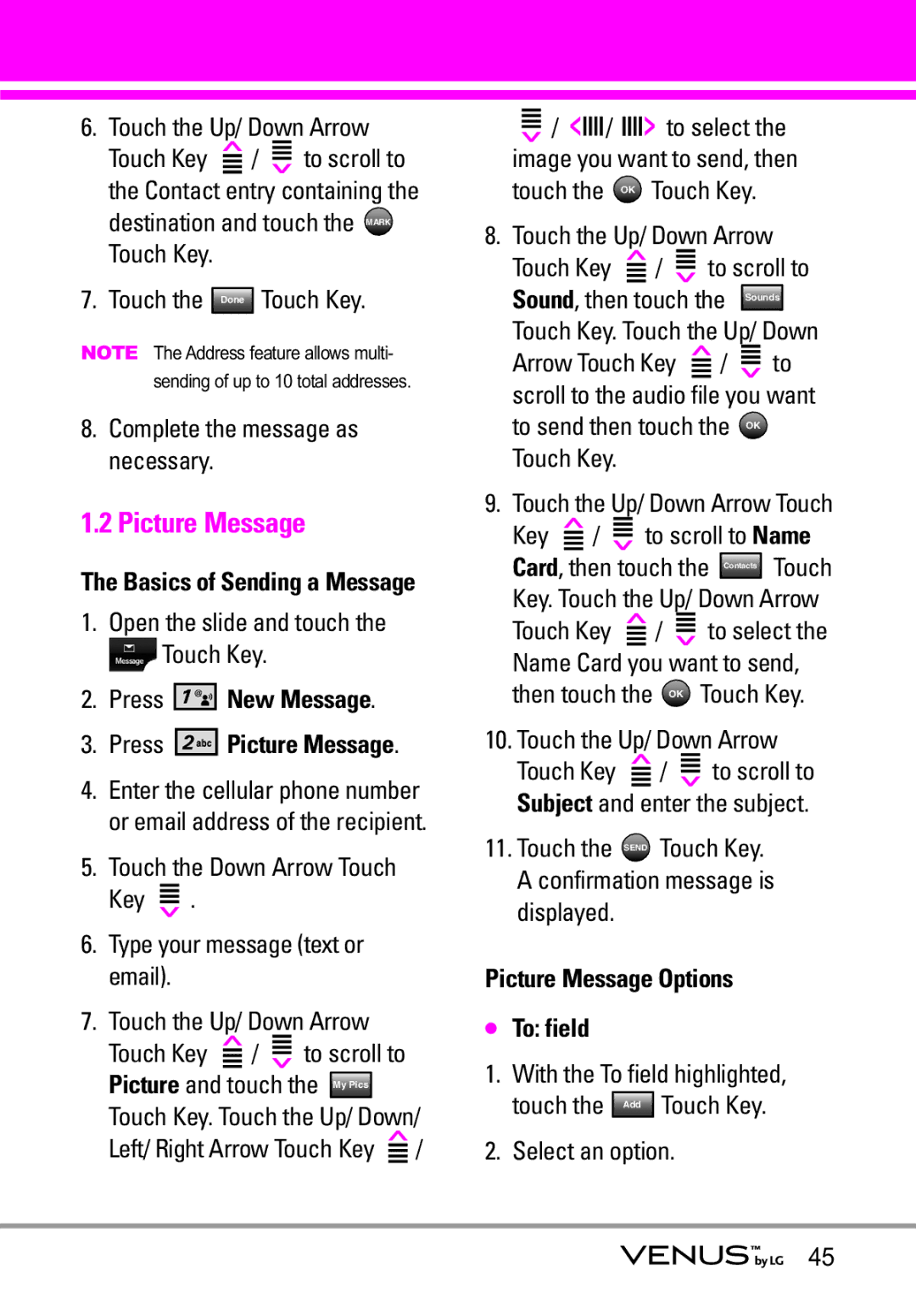 LG Electronics VENUS manual Press New Message, Picture Message Options To field 