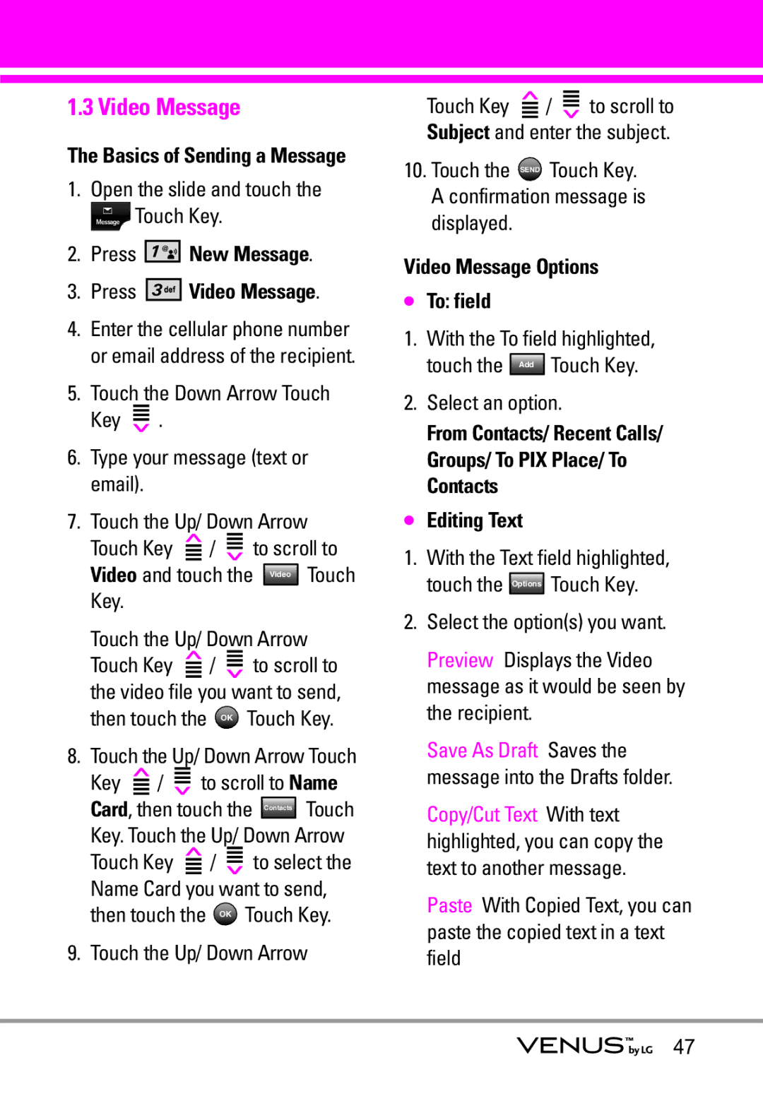 LG Electronics VENUS manual Press New Message Press Video Message, Video Message Options To field 