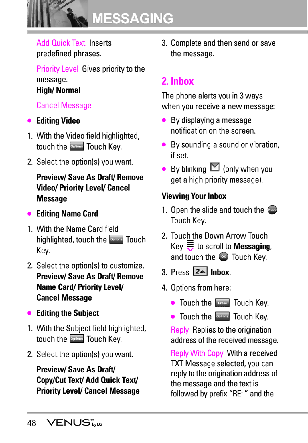 LG Electronics VENUS Inbox, Editing Video, Video/ Priority Level/ Cancel Message Editing Name Card, Editing the Subject 