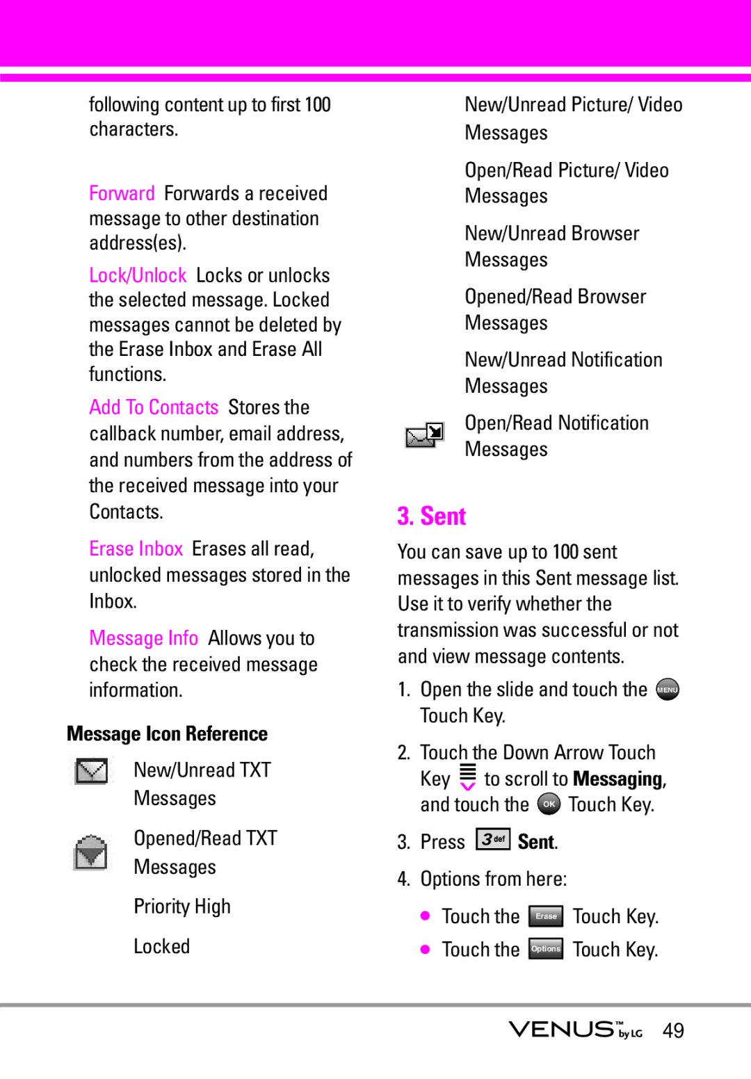 LG Electronics VENUS manual Sent, Following content up to first 100 characters, Message Icon Reference 