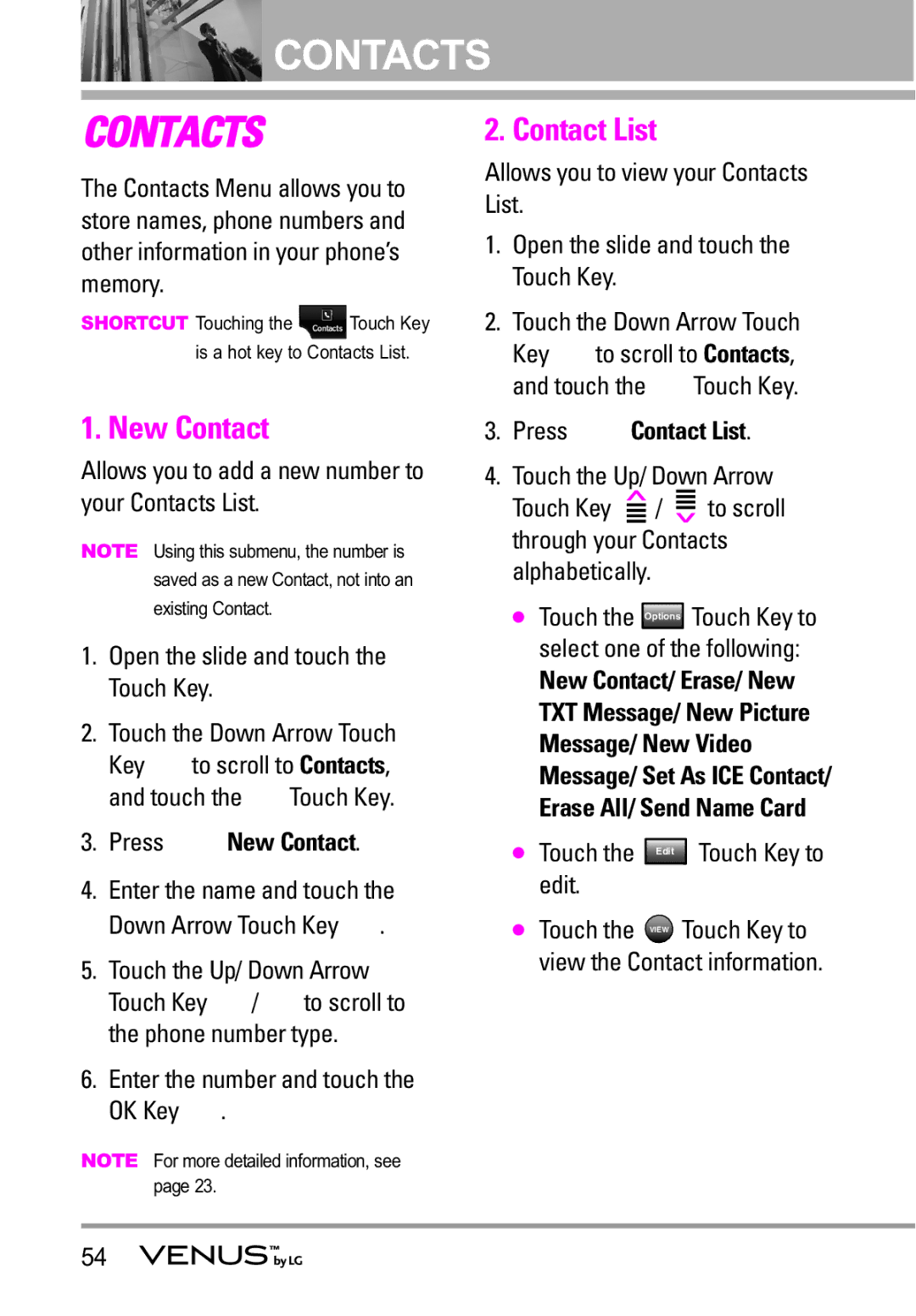 LG Electronics VENUS manual Press New Contact, Press Contact List 