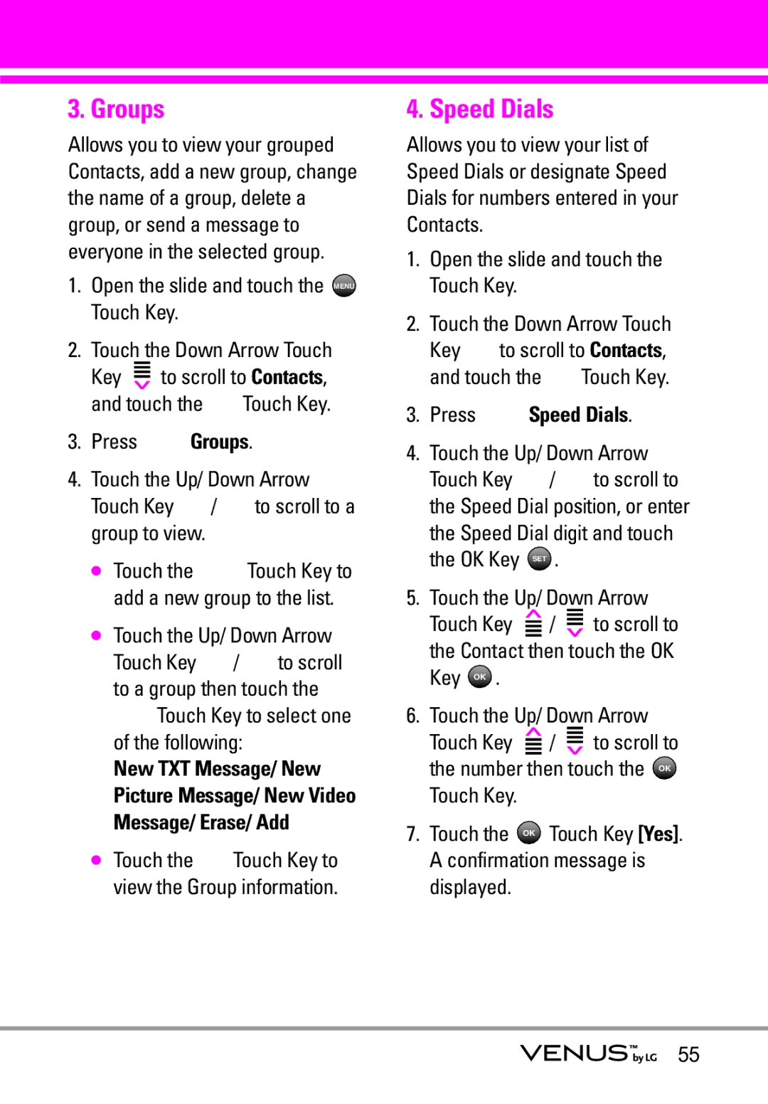 LG Electronics VENUS manual Groups, Press Speed Dials 