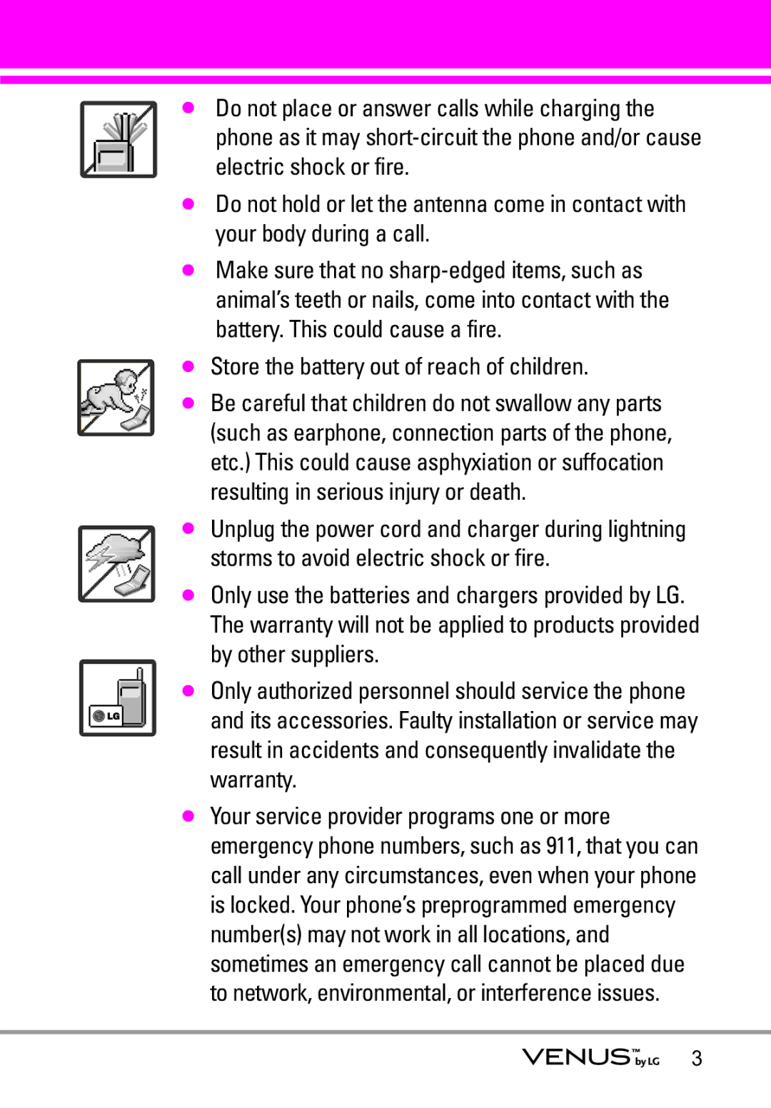 LG Electronics VENUS manual Store the battery out of reach of children 