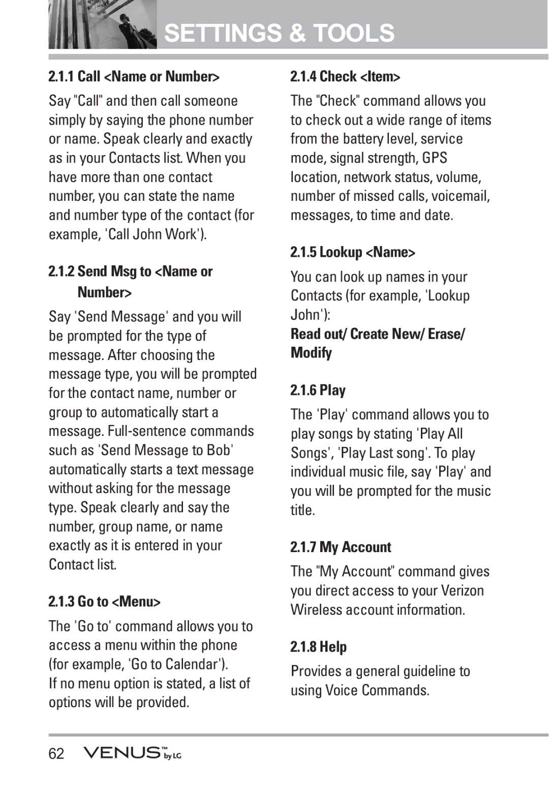 LG Electronics VENUS Call Name or Number, Go to Menu, Check Item, Lookup Name, Read out/ Create New/ Erase/ Modify Play 