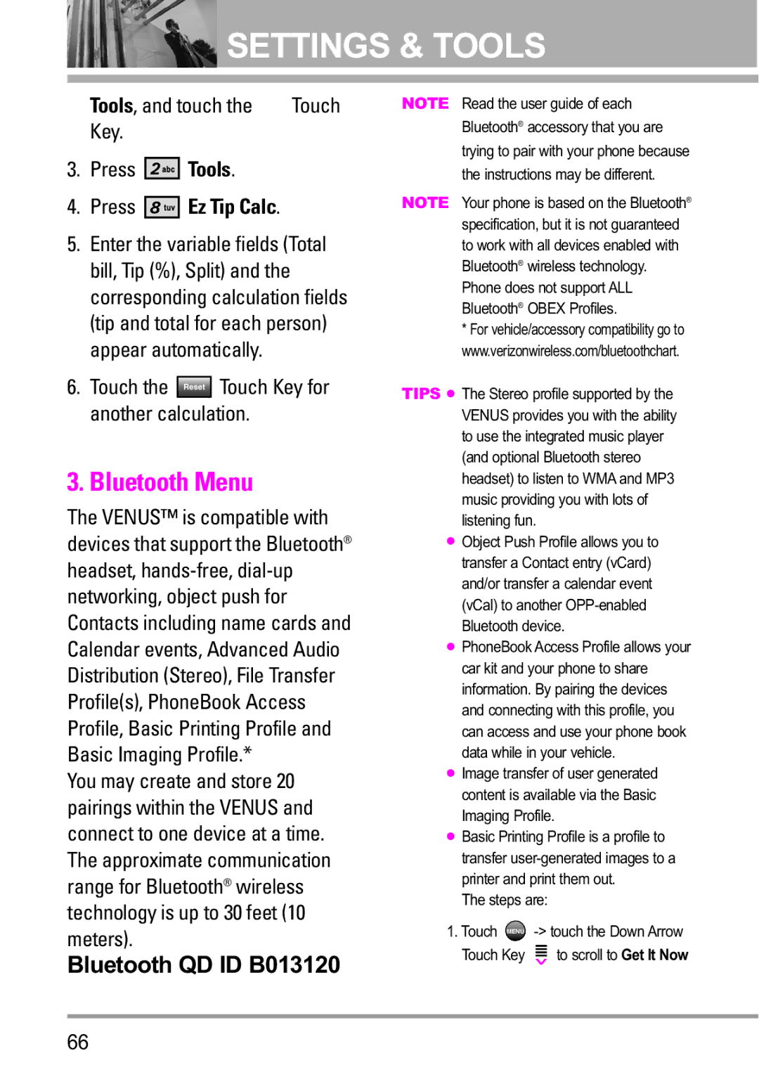 LG Electronics VENUS manual Bluetooth Menu, Tools, and touch the OK Touch Key Press Tools, Press Ez Tip Calc 