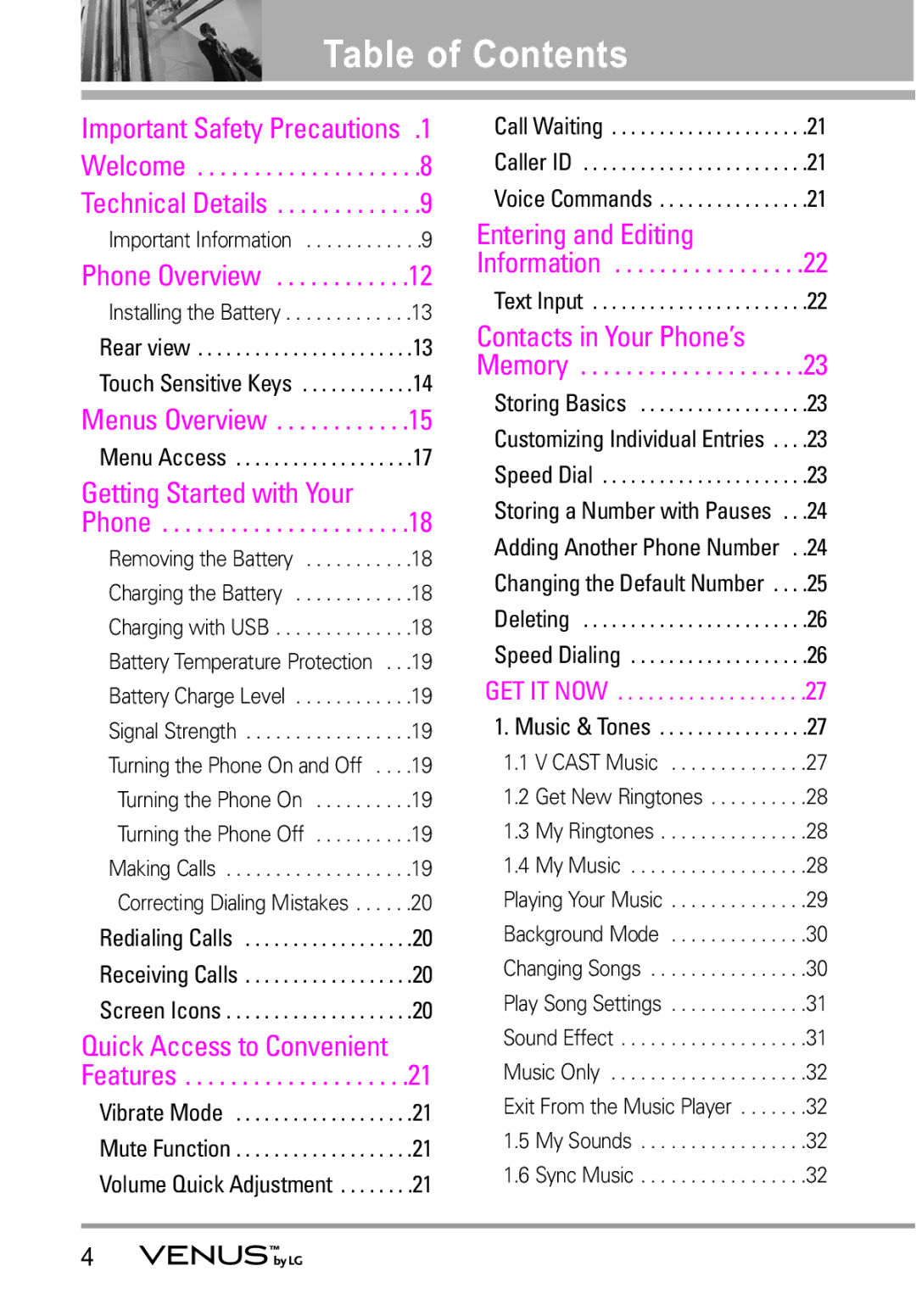 LG Electronics VENUS manual Table of Contents 