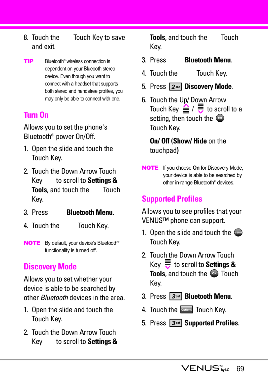 LG Electronics VENUS manual Turn On, Discovery Mode, Supported Profiles 