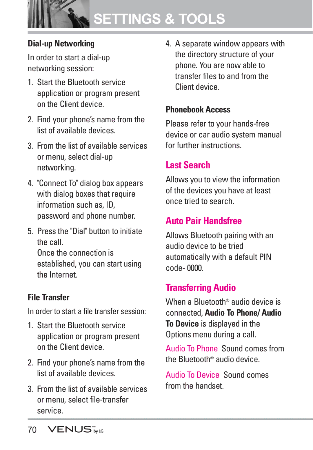 LG Electronics VENUS manual Last Search, Auto Pair Handsfree, Transferring Audio 