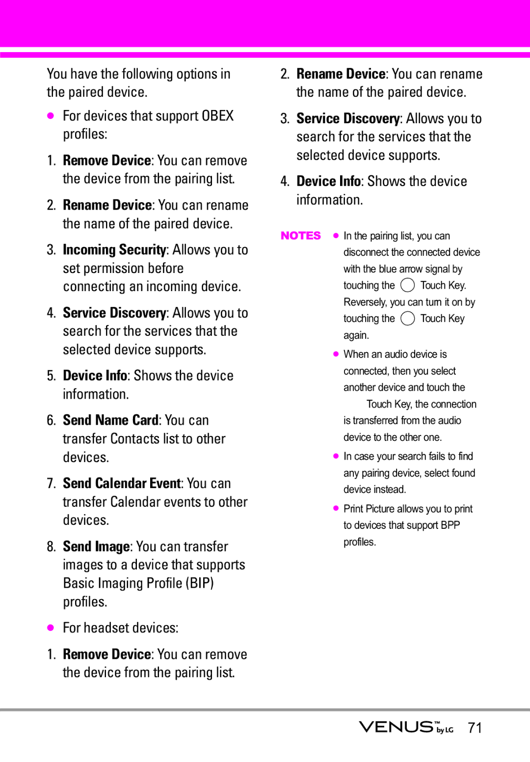 LG Electronics VENUS manual Device Info Shows the device information, For headset devices 