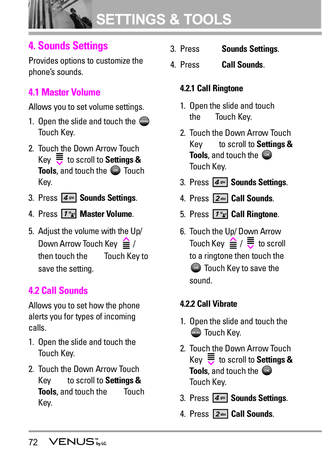LG Electronics VENUS manual Sounds Settings, Master Volume, Call Sounds 