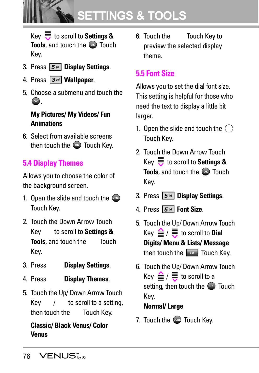 LG Electronics VENUS manual Display Themes, Font Size 