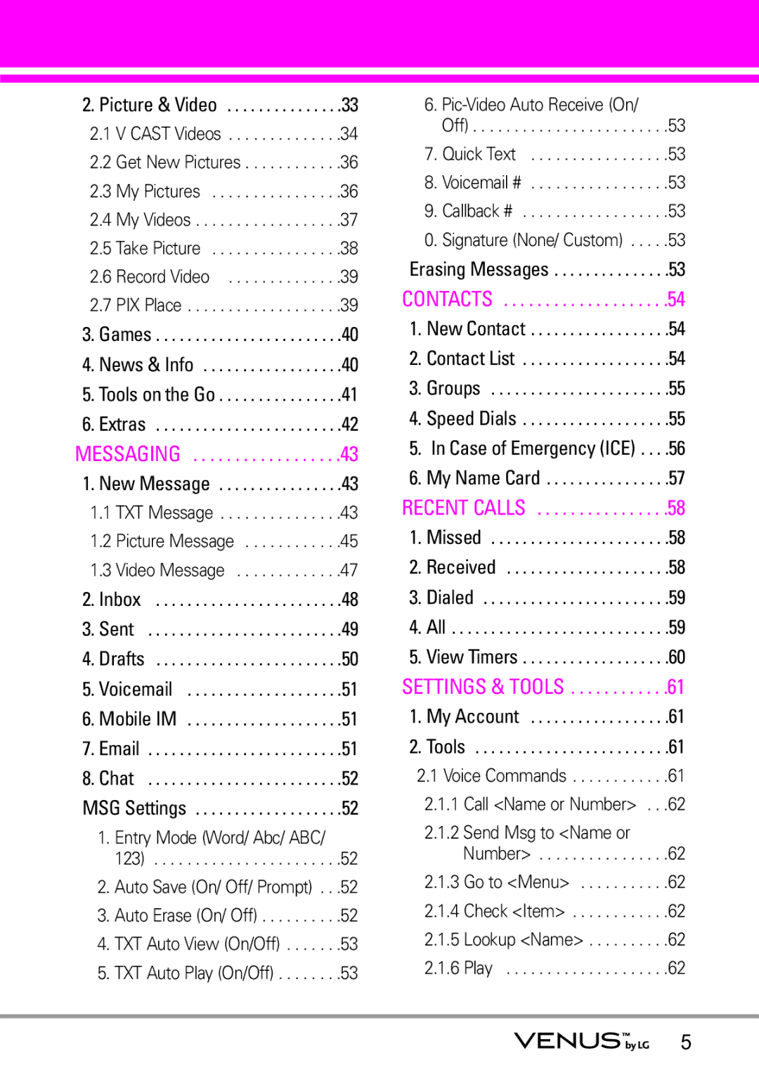 LG Electronics VENUS manual Settings & Tools 
