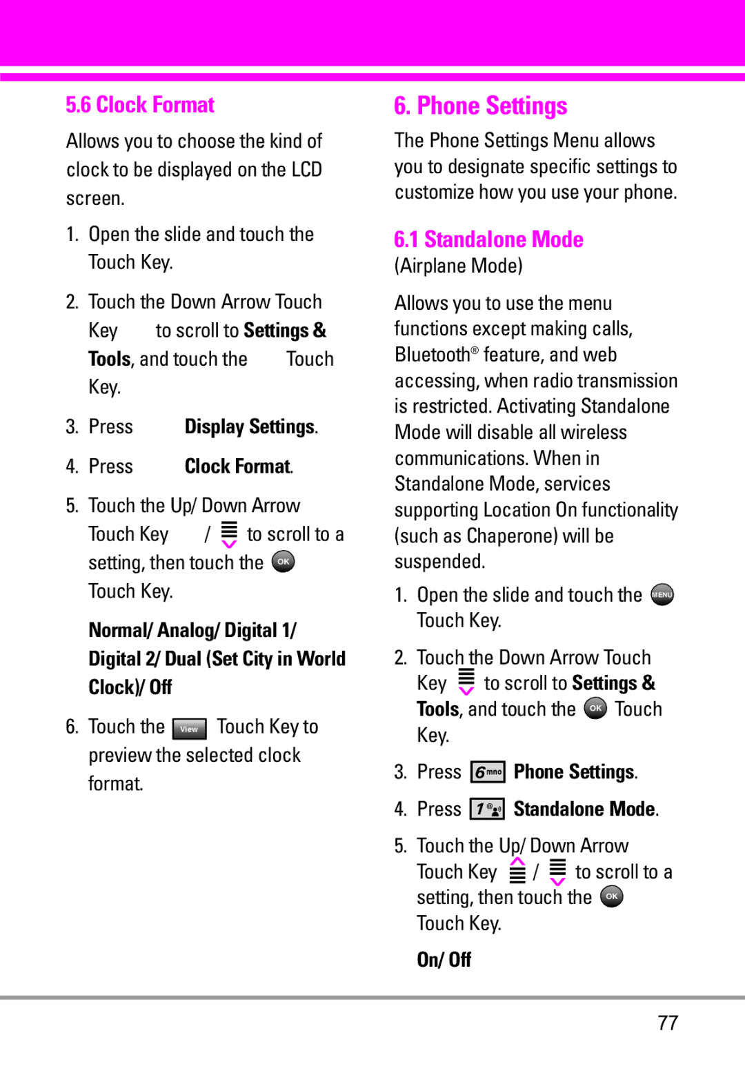 LG Electronics VENUS manual Phone Settings, Clock Format, Standalone Mode 