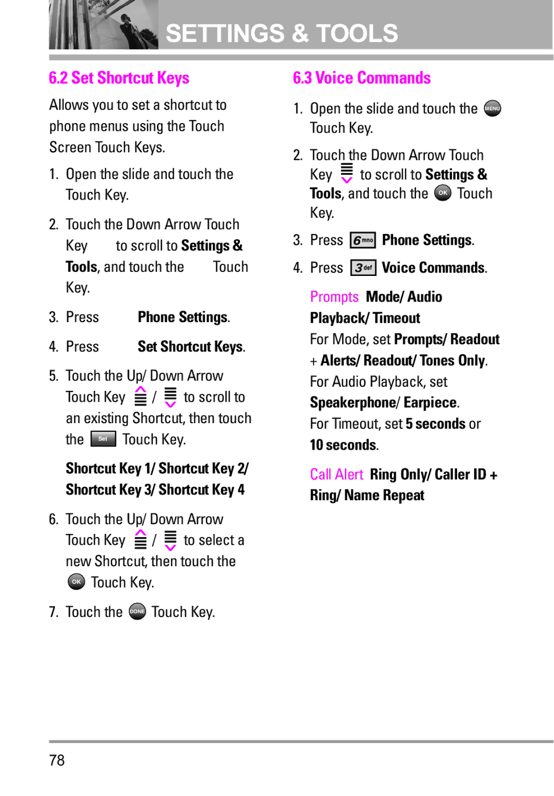 LG Electronics VENUS manual Set Shortcut Keys, Press Phone Settings, Playback/ Timeout 