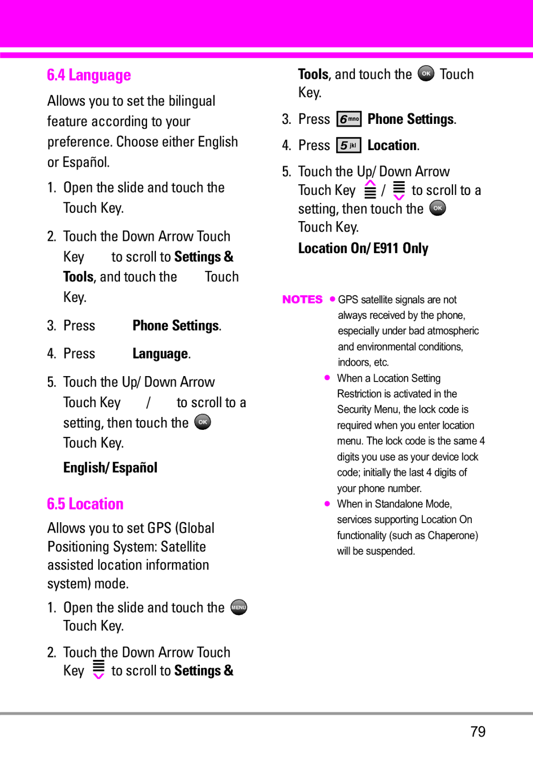 LG Electronics VENUS manual Language, Location 