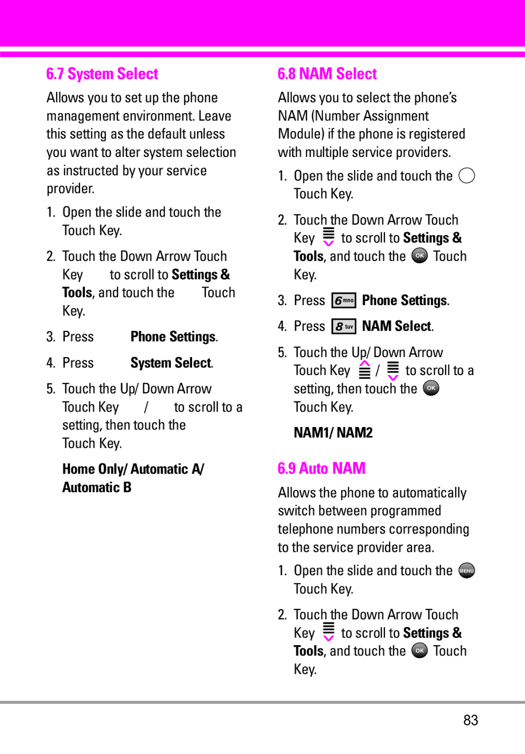 LG Electronics VENUS manual NAM Select, Auto NAM, Press Phone Settings Press System Select 