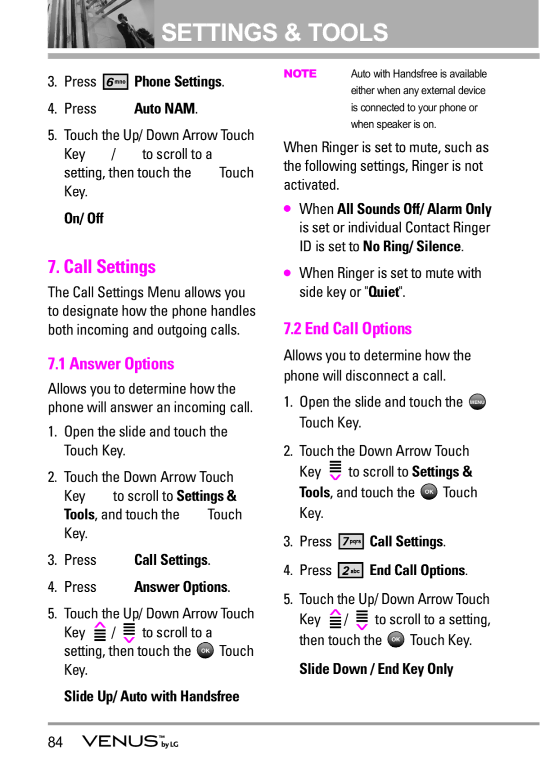 LG Electronics VENUS manual Call Settings, Answer Options, End Call Options 