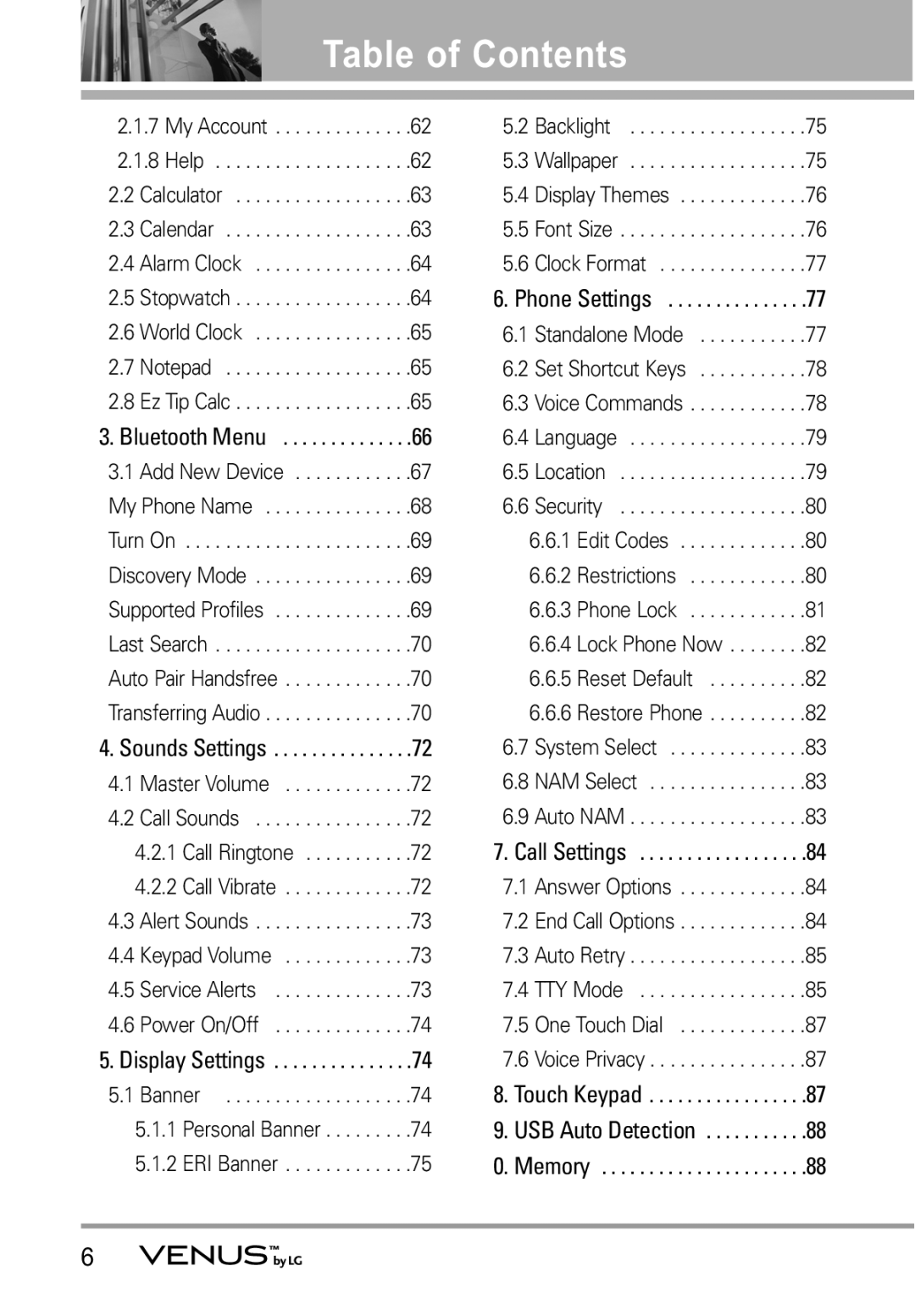 LG Electronics VENUS manual Table of Contents 