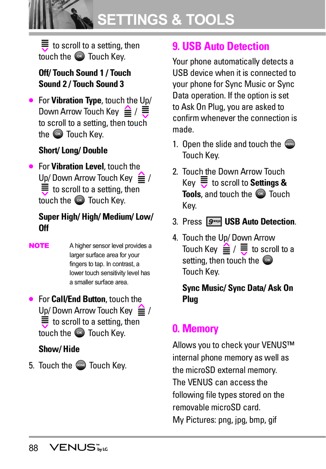 LG Electronics VENUS manual USB Auto Detection, Memory 