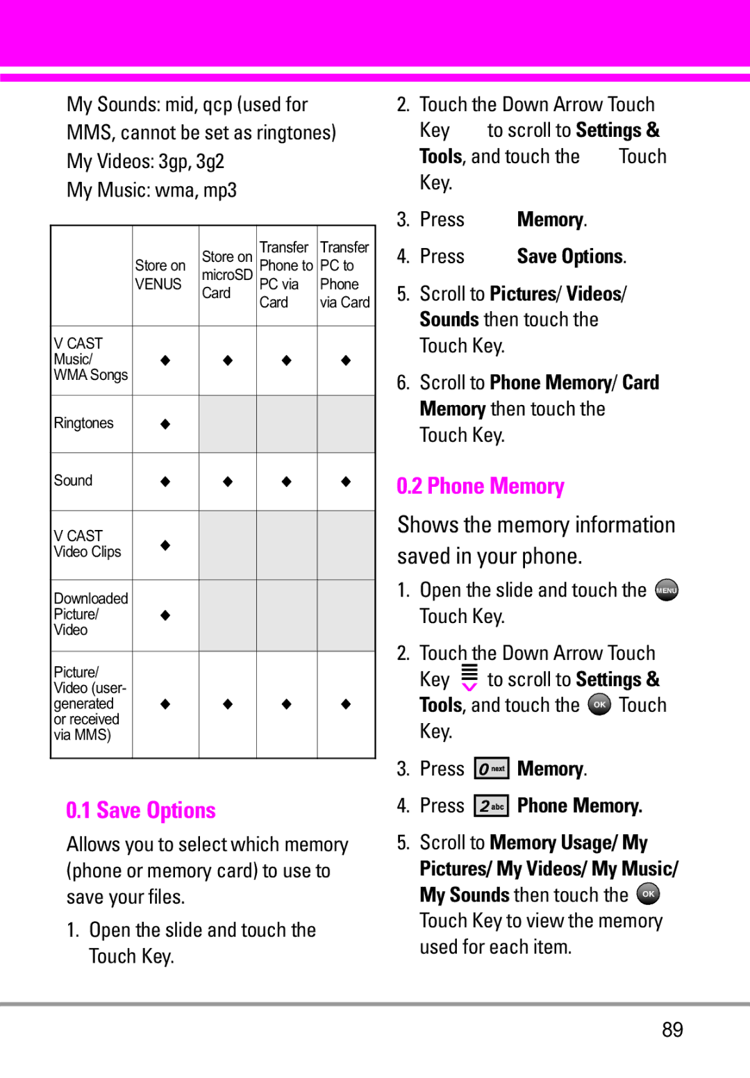 LG Electronics VENUS manual Phone Memory, My Music wma, mp3, Press Save Options 