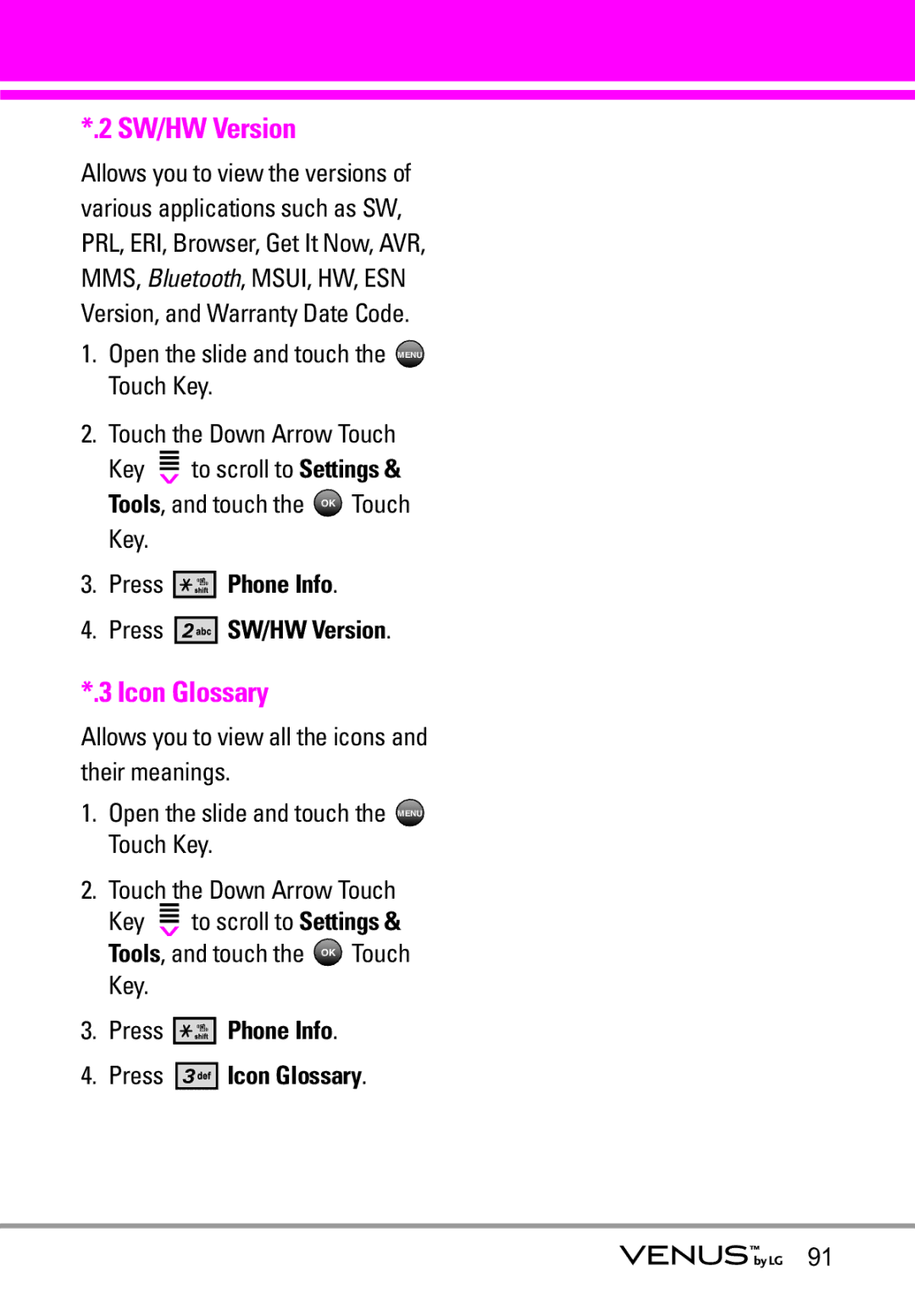 LG Electronics VENUS manual Press Phone Info Press SW/HW Version, Press Phone Info Press Icon Glossary 