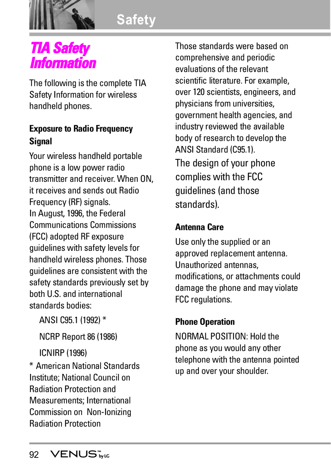 LG Electronics VENUS manual Safety, Exposure to Radio Frequency Signal, Ansi C95.1 Ncrp Report 86 Icnirp, Antenna Care 