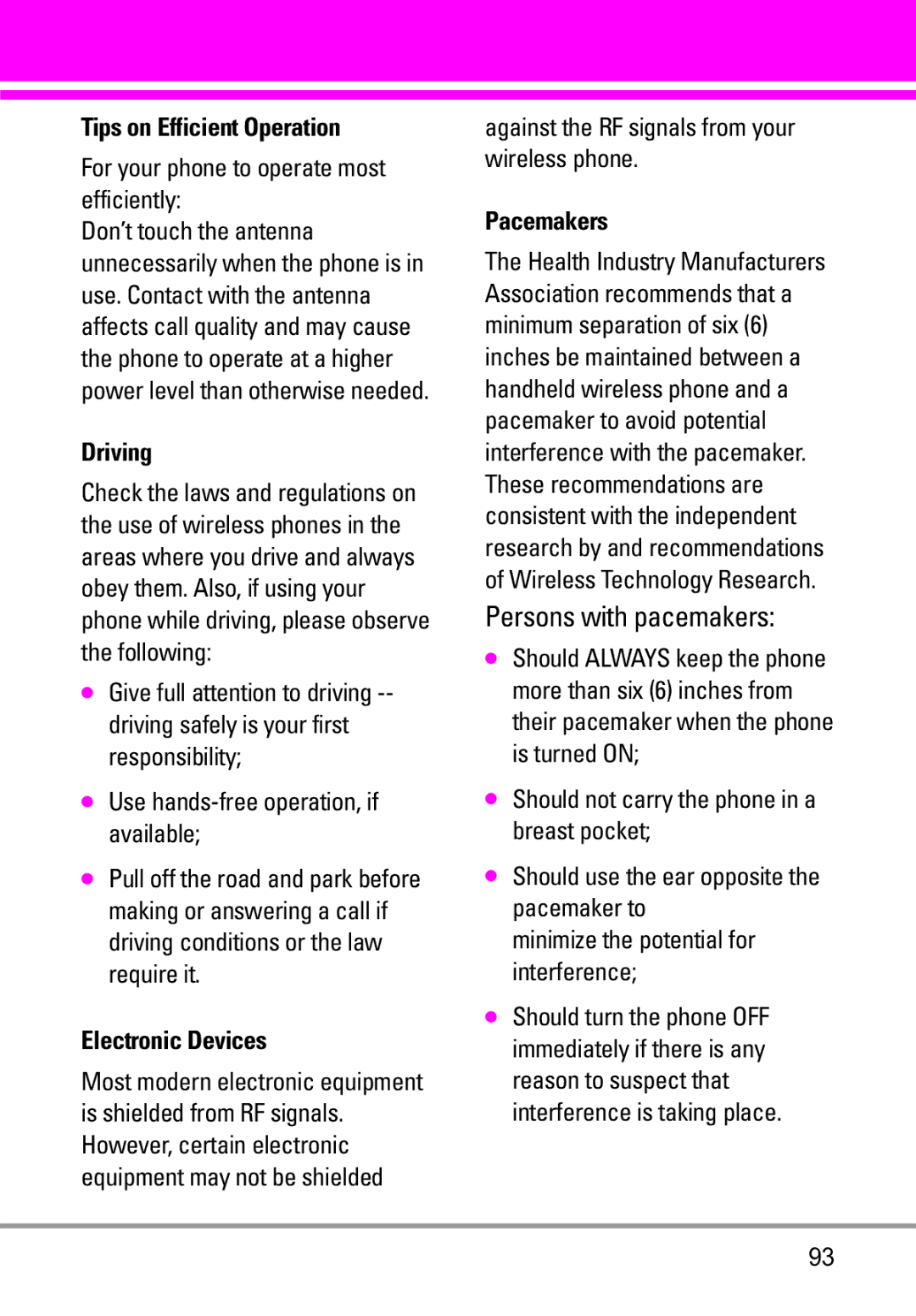 LG Electronics VENUS manual Tips on Efficient Operation, Driving, Electronic Devices, Pacemakers 