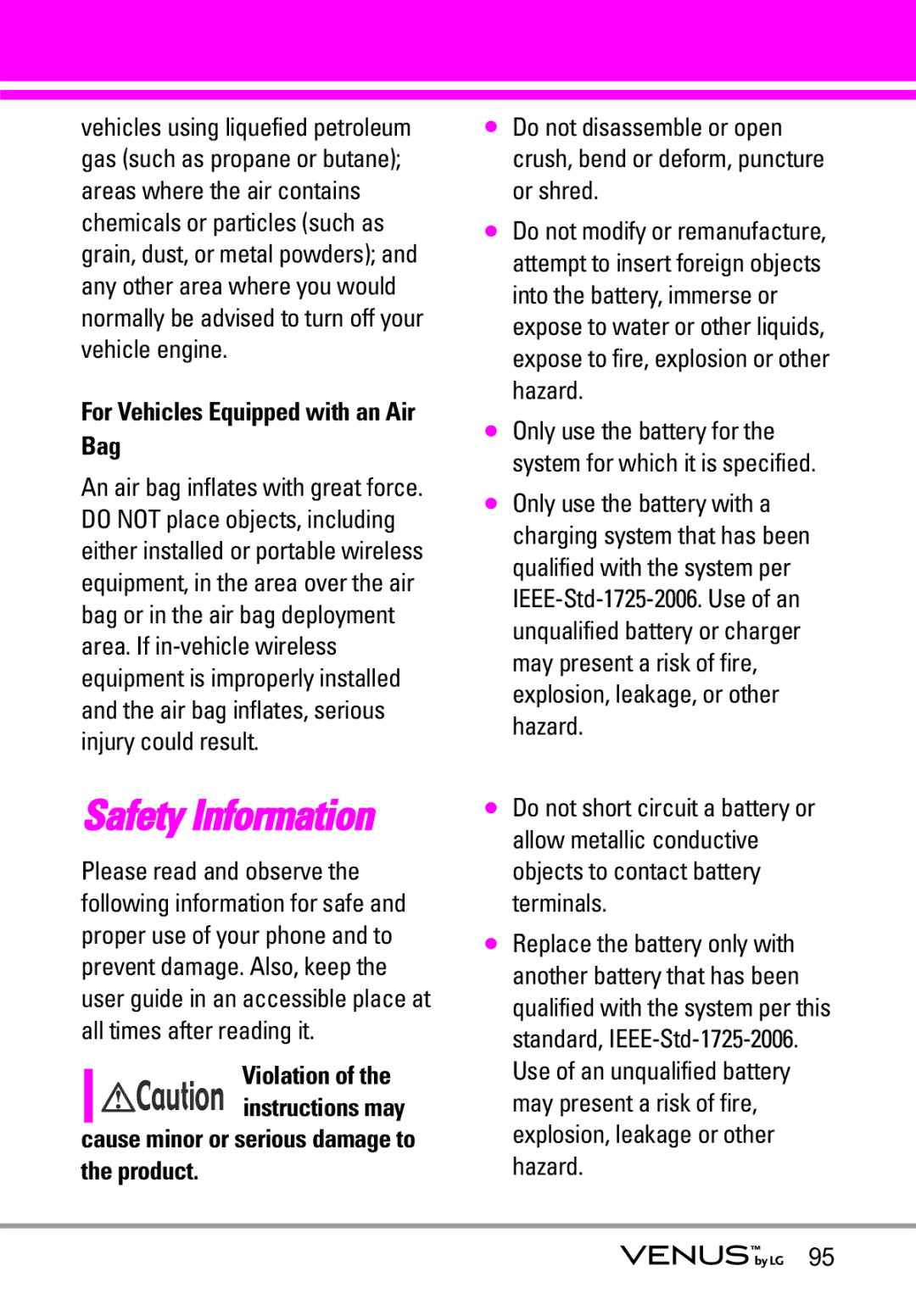 LG Electronics VENUS manual For Vehicles Equipped with an Air Bag, Violation 