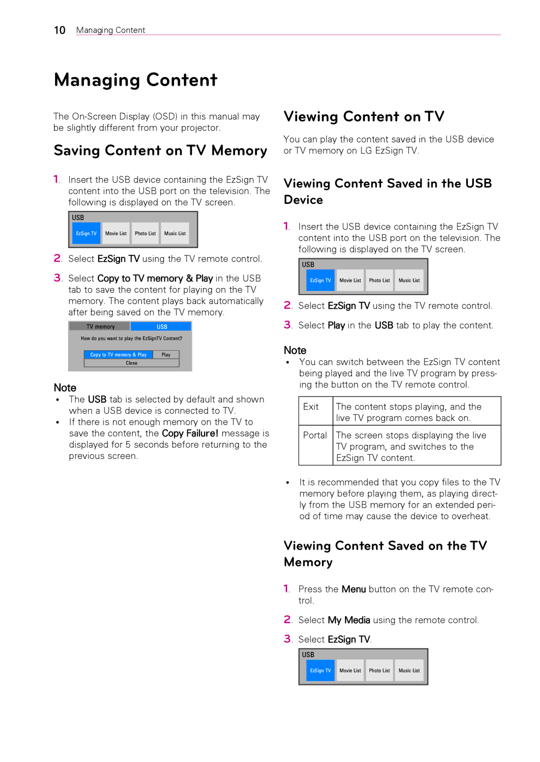 LG Electronics Version 1.0 user manual Managing Content, Saving Content on TV Memory, Viewing Content on TV 