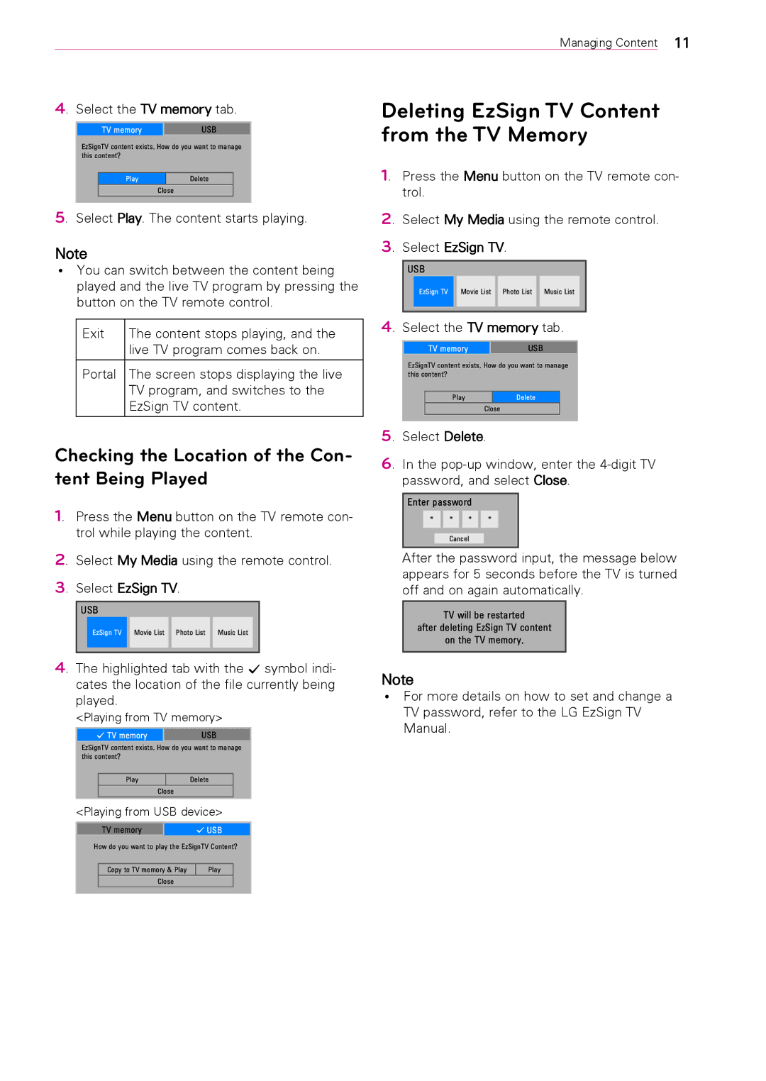 LG Electronics Version 1.0 user manual Deleting EzSign TV Content, From the TV Memory 